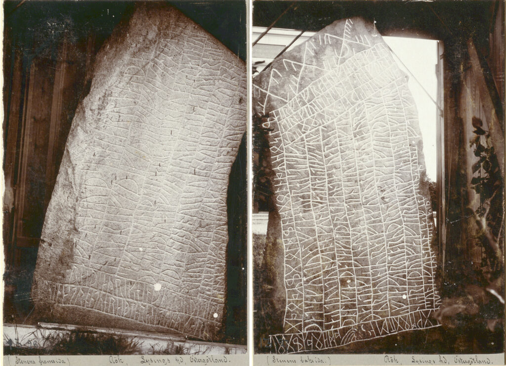 Bilden visar fram- och baksidan av en runsten inne i et träskjul