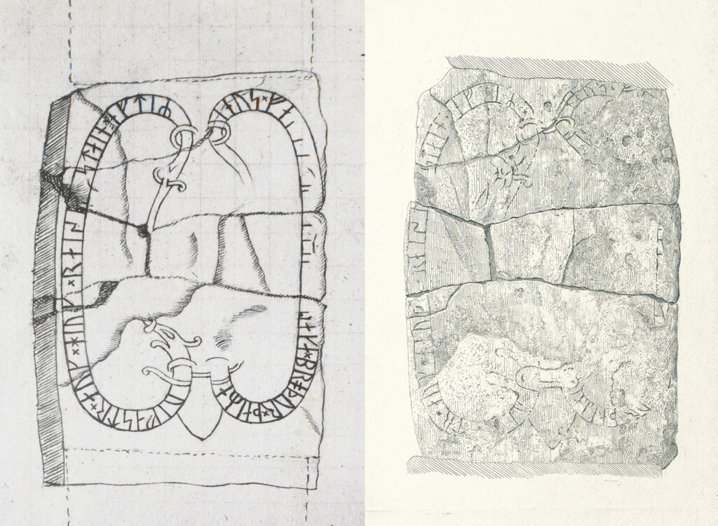 Bilden visar två äldre teckningar av en runsten
