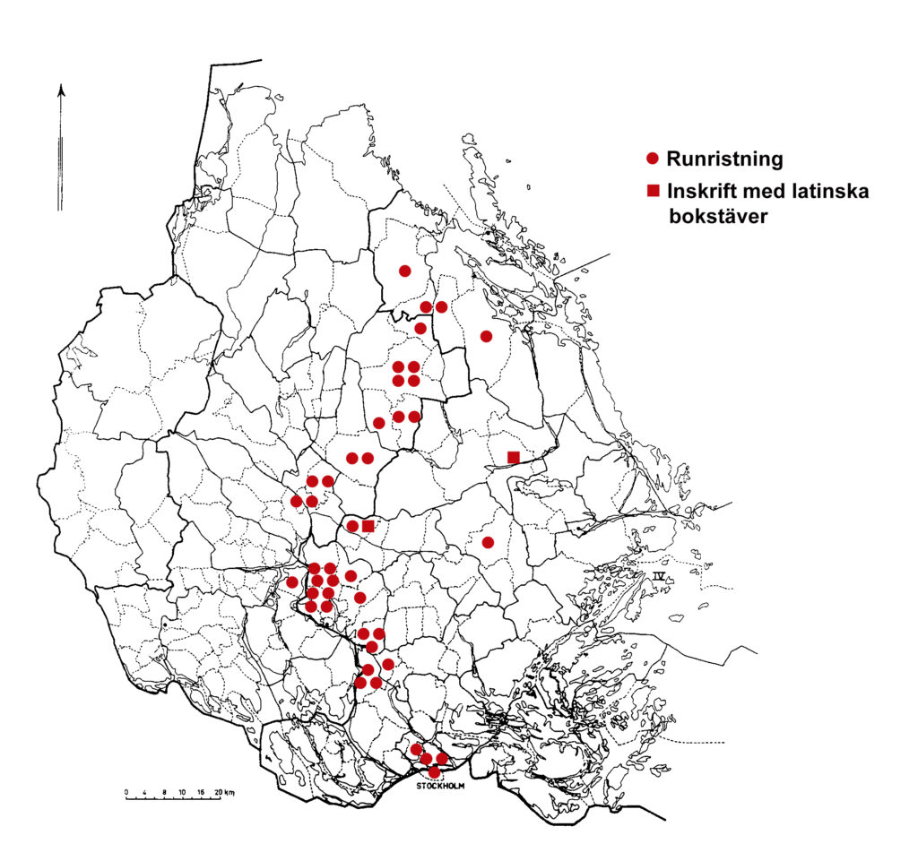 Bilden visar en karta över Uppland med röda prickar som markerar runristningar