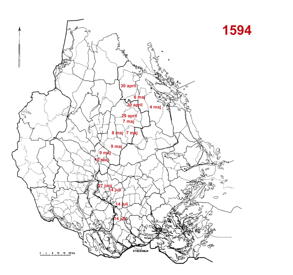 Bilden visar en karta över Uppland med datum utsatta med rött