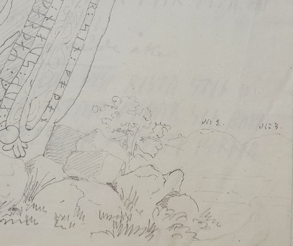 Bilden visar en detalj av teckningen med två gravhögar märkta N: 1 och N: 2.