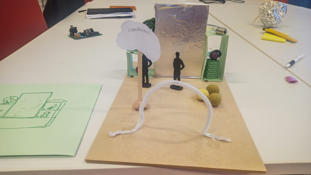 På ett bord med vit laminatskiva står en modell av en utställning, byggda av piprensare, kartong, plast, aluminiumfolie, tovade bollar, en glödlampa, träpinnar och papper. Bredvid ligger ett grönt papper med en ritning på utställningen, gjord med grön tuschpenna.