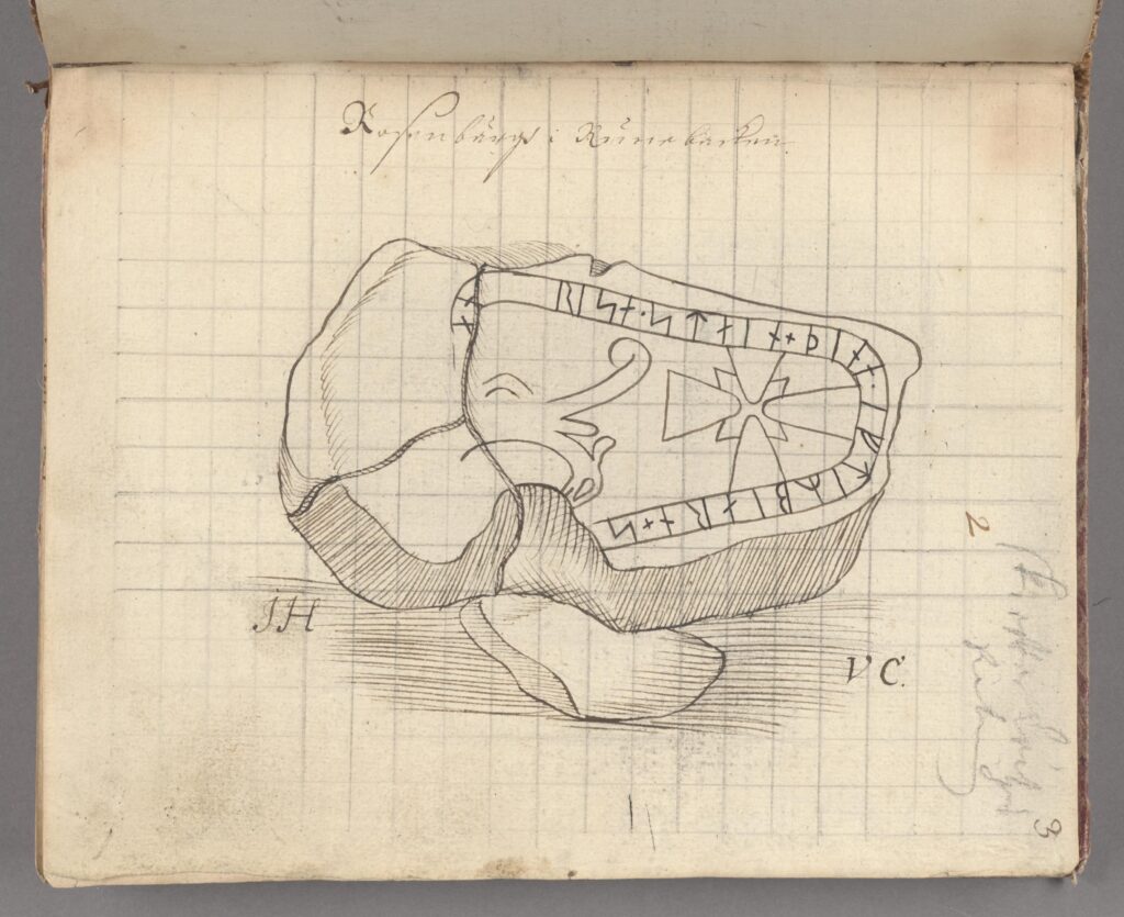 Bilden visar en teckning av en söndersprucken liggande runsten.