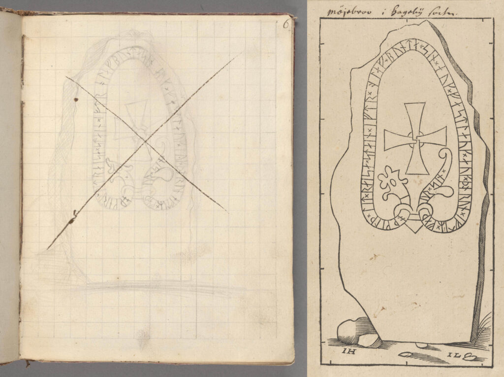 Bilden visar en runsten ritad med blyerts som är överkorsad med ett kryss samt ett träsnitt av samma runsten.