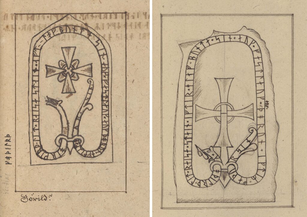 Bilden visar två teckningar som är ganska olika av en och samma runsten