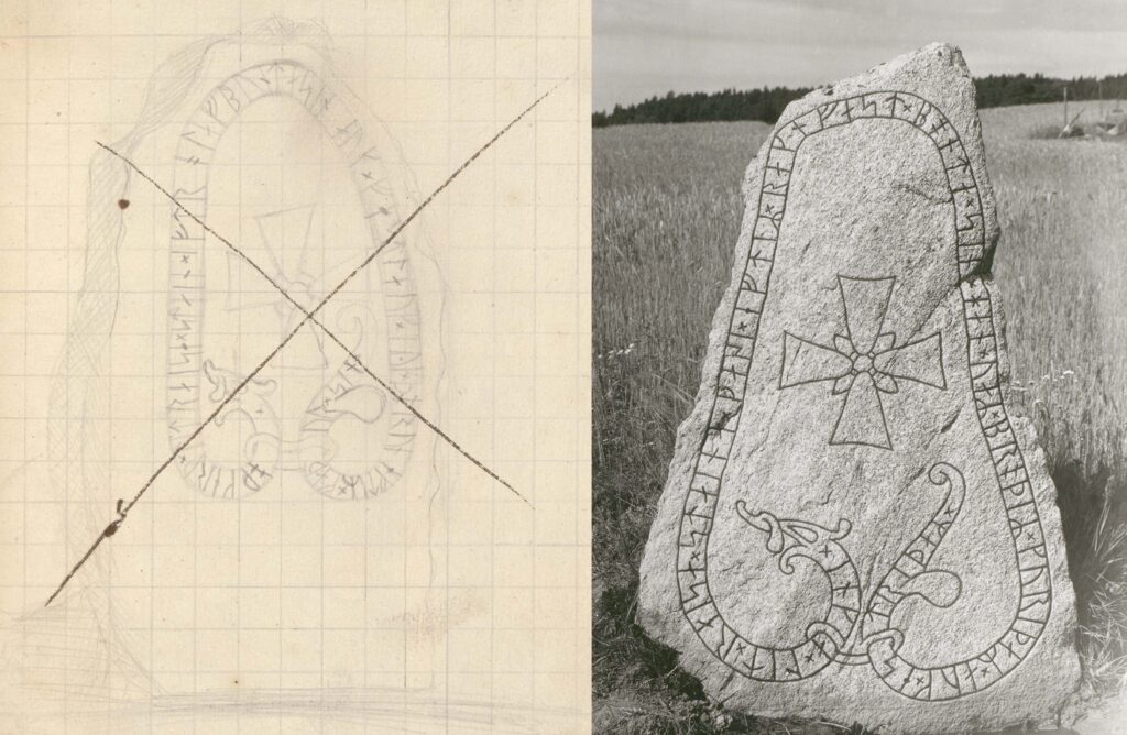 Bilden visar en teckning av en runsten vid sidan av ett fotografi av en annan snarlik runsten.