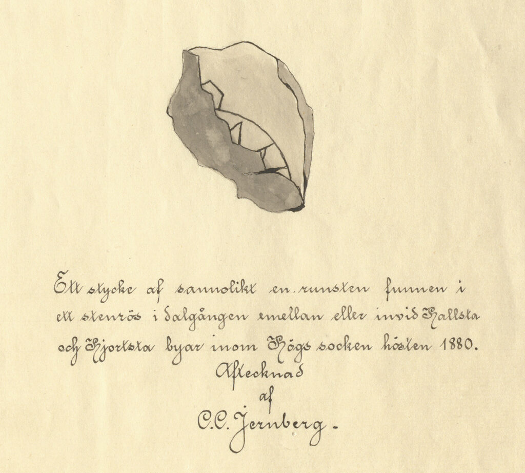 Bilden visar en laverad teckning av ett runstensfragment med några skadade runor.