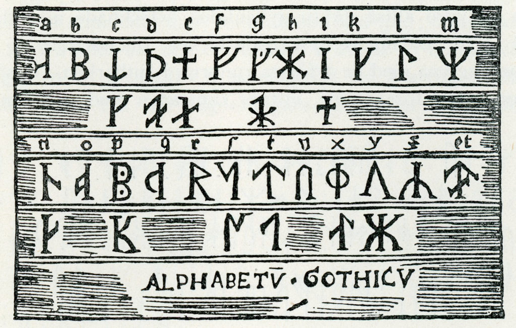 Bilden föreställer ett träsnitt med en uppställning av runalfabetet i ABC-ordning