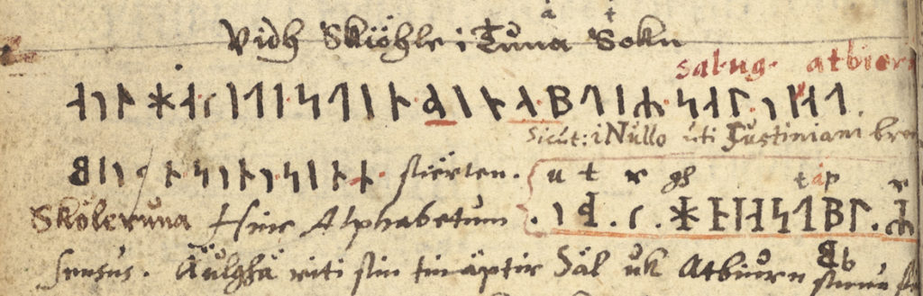 Utsnitt ur en handskriftssida med bl.a. runor