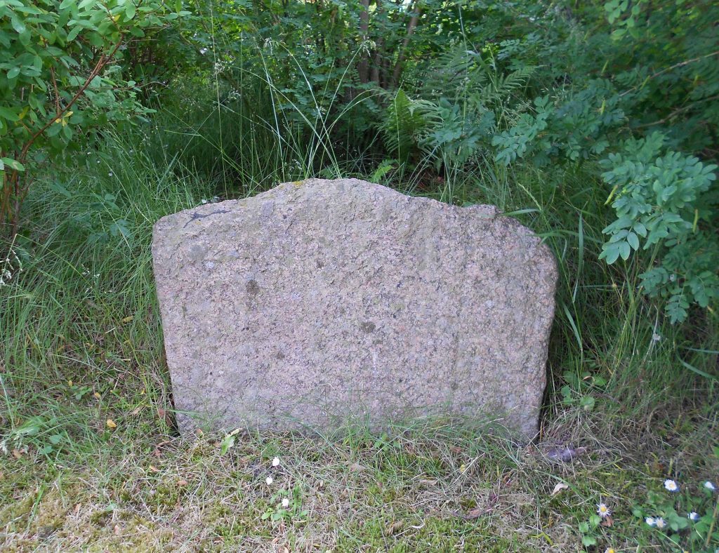 BIlden visar ett stycke av en gravhäll som står rest framför ett buskage