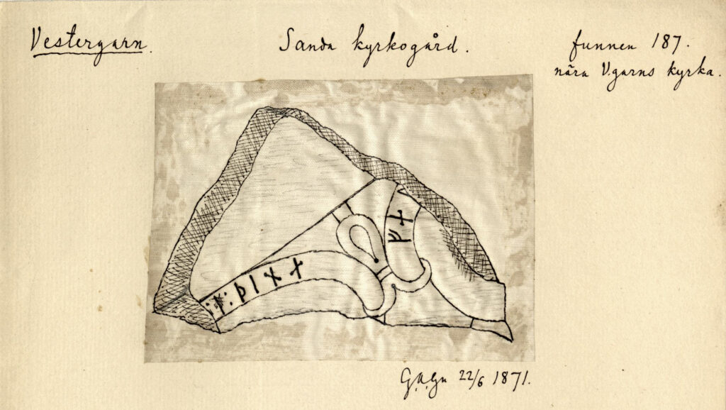 P. A. Säves teckning av runstensfragmentet G 193 från Västergarn