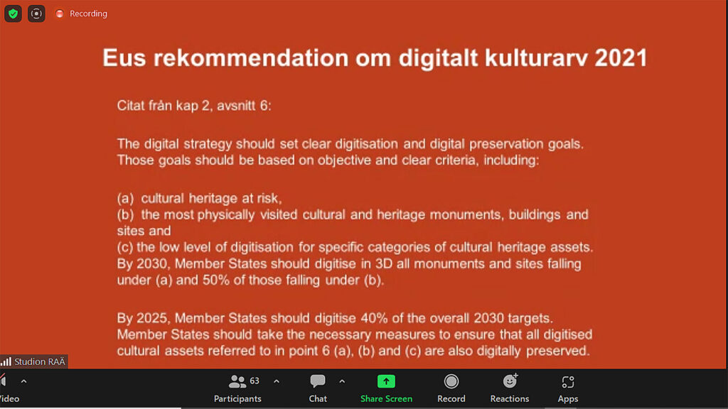 Skärmklipp från presentation av EU:s rekommendation om digitalt kulturarv 2021. CC BY Viktor Lindbäck