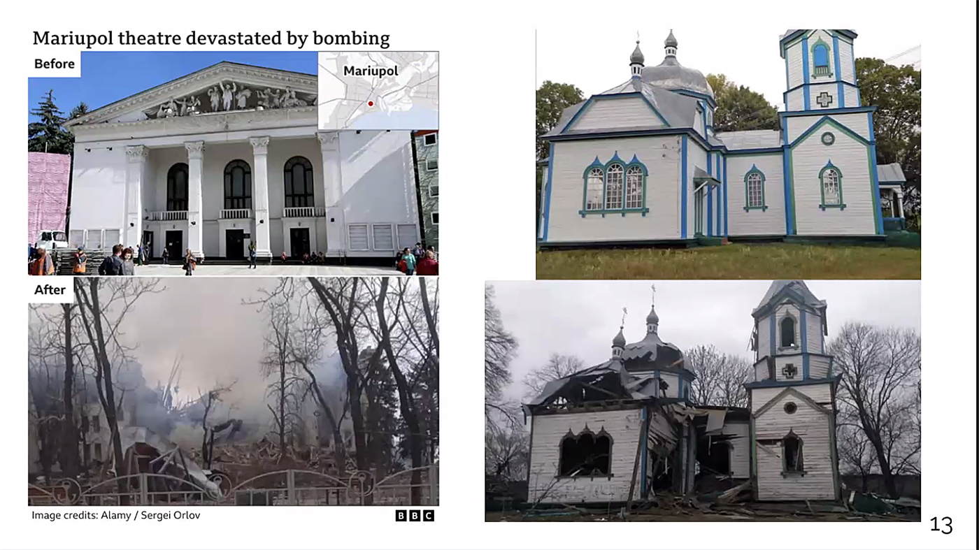 Bilderna visar fasader av Mariupols teater före och efter bombning.