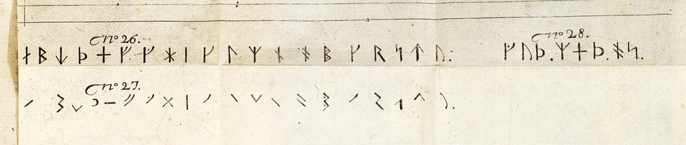 Uppställning av två runalfabet i ABC-ordning. I det nedre är teckenformerna enklare.