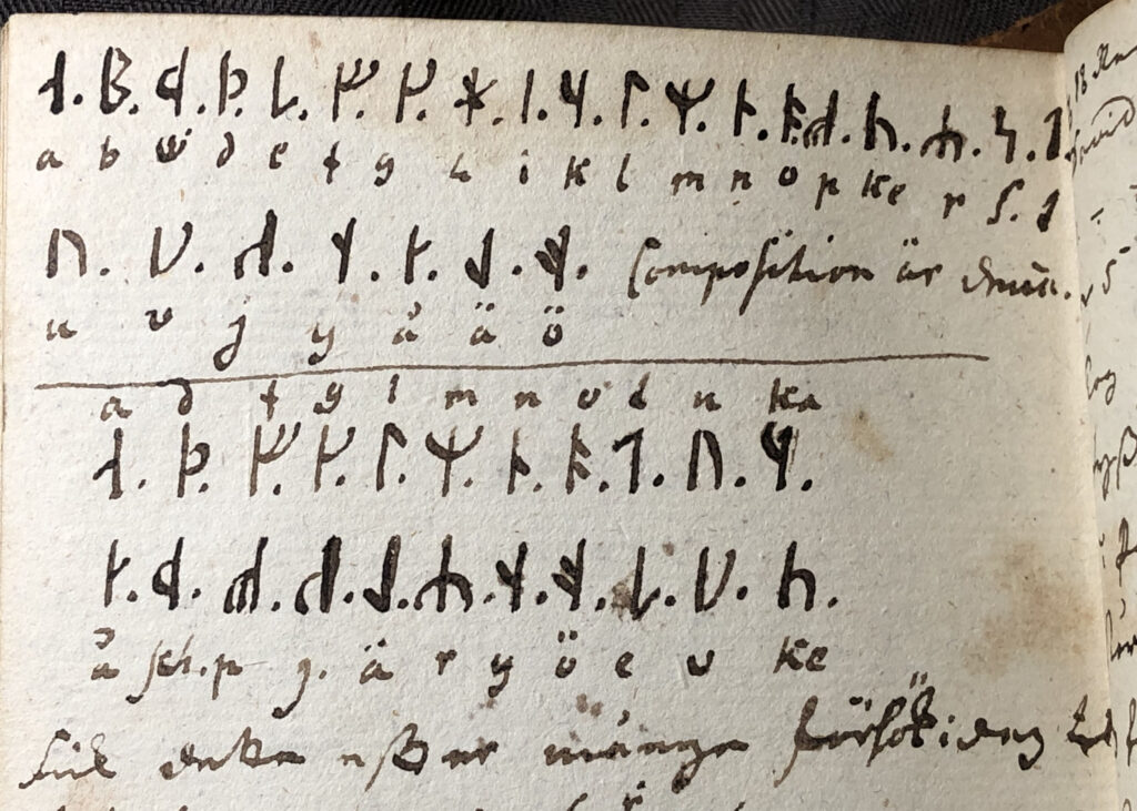 Sida ur dagboken med uppställningen av ett runalfabet i ABC-ordning