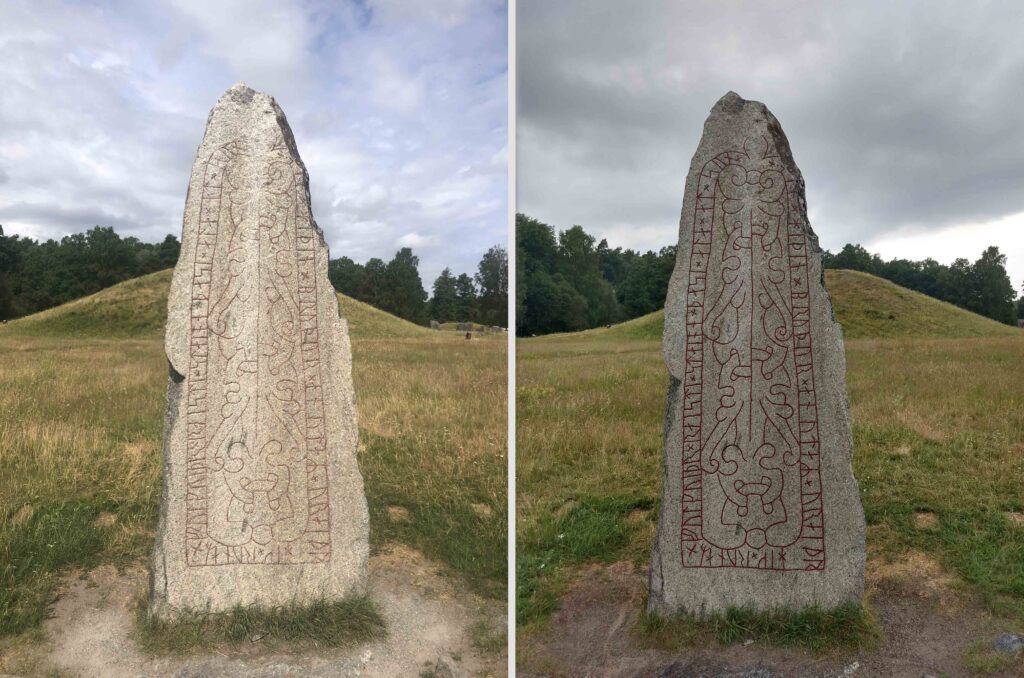 Bilden visar två bilder av samma runsten framför en gravhög.