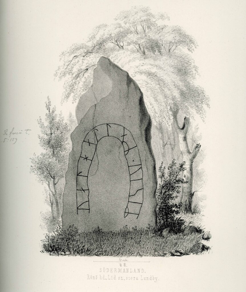 Bilden visar en litografi av en runsten med bågformad slinga