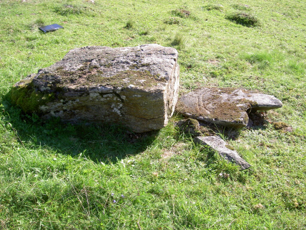 Bilden visar en omkullfallen sten som ligger i gräset.
