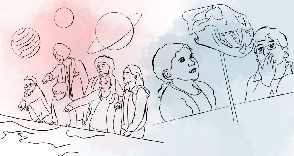 Två delad illustration. T.v. pekar barn och en lärare på en karta, och t.h. två barn som tittar på ett utställningsföremål, en djurskalle.