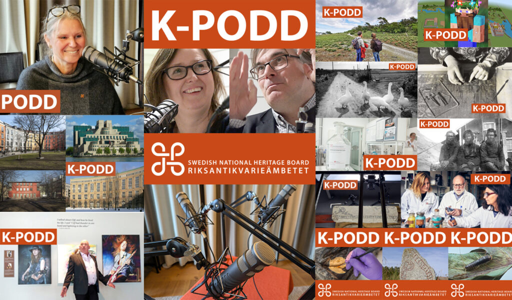 "Ett collage av bilder relaterade till K-Podd-podcasten av Riksantikvarieämbetet. Collaget inkluderar olika scener som människor som spelar in en podcast, historiska platser, artefakter och aktiviteter relaterade till kulturarvsbevarande. Texten 'K-PODD' syns tydligt på flera bilder tillsammans med logotypen och namnet på Riksantikvarieämbetet.