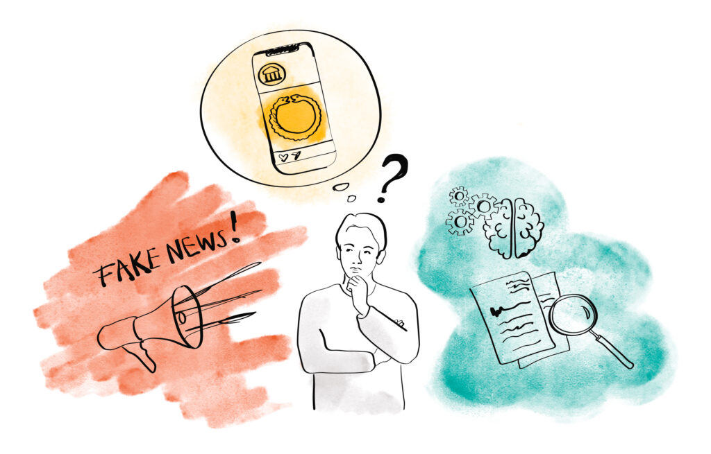 En illustration av en person. Runt honom finns en mobiltelefon, en megafon, skrivna papper, kugghjul och en hjärna. Ovanför personens huvud svävar ett frågetecken.
