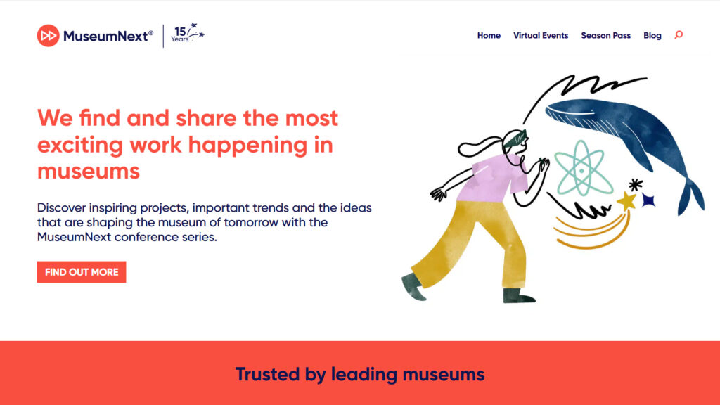 Skärmklipp med MuseumNext:s logotyp och texten" We find and share the most exciting work happening in museums".
