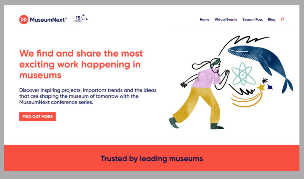 Skärmklipp med MuseumNext:s logotyp och texten" We find and share the most exciting work happening in museums".