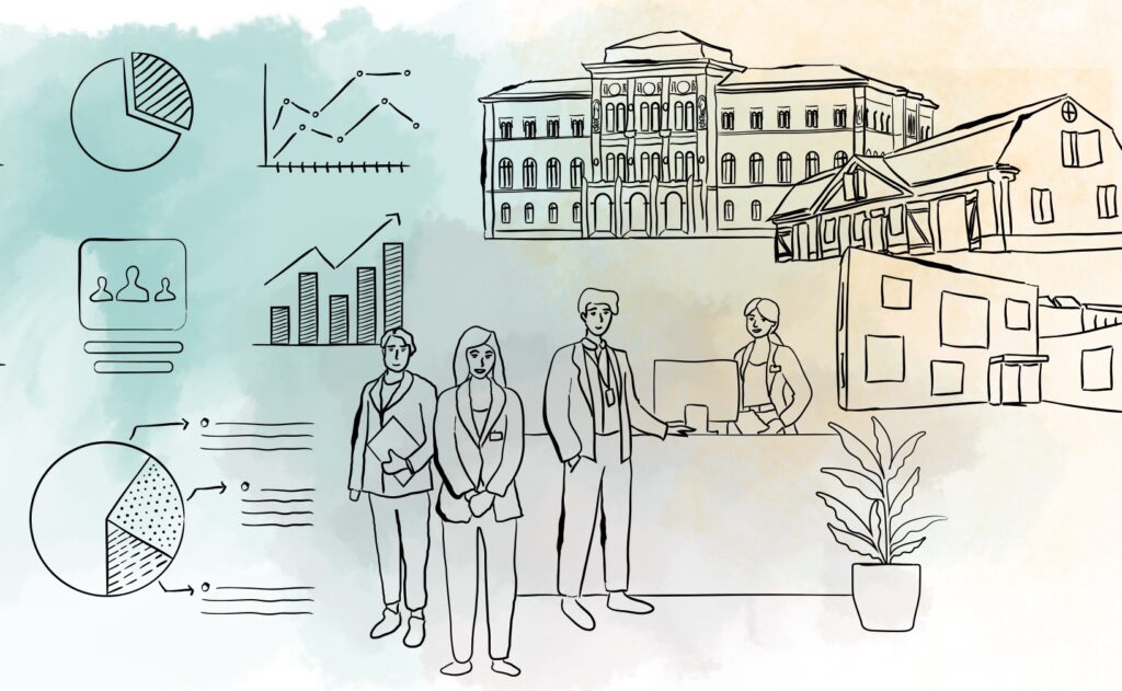 Illustration i ljusblåa och ljusgula kulörer som föreställer personer, byggnader och olika diagram.