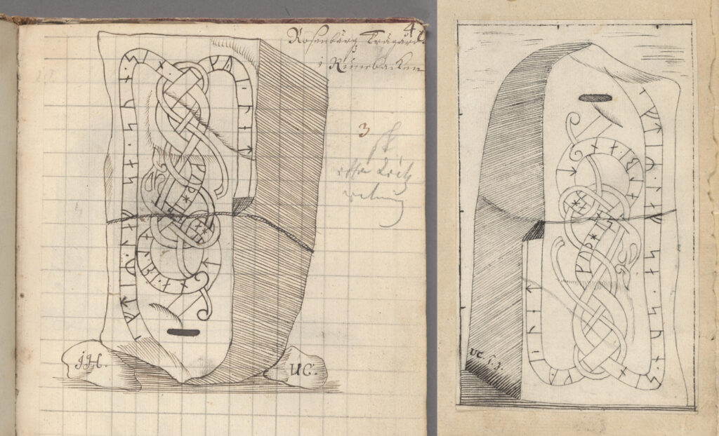 Bilden visar två teckningar av en och samma runsten, där den i det ena fallet står upp och ned och är stödd på ett par stenar.