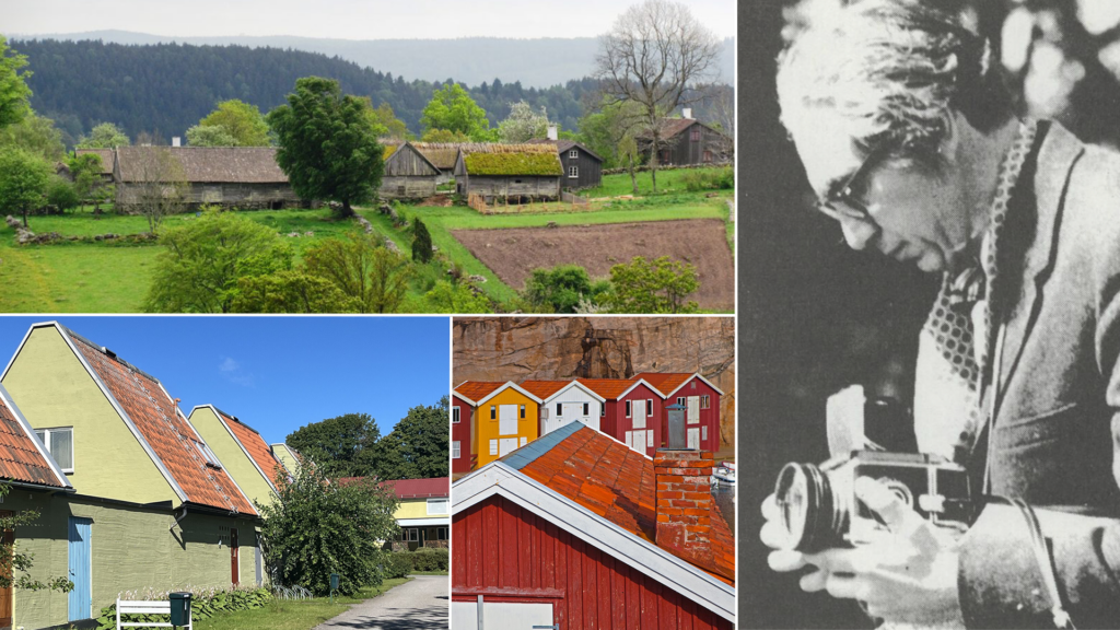 Överst till vänster en bild på en 1800-talsgård omgiven av åkerlandskap. Nere till vänster, kedjehus från 1940-tal. Bredvid en bild på bodarna vid Smögens fiskeläger. Längst till höger, en svartvit bild på en man med en kamera. Den bilden är från 1976.